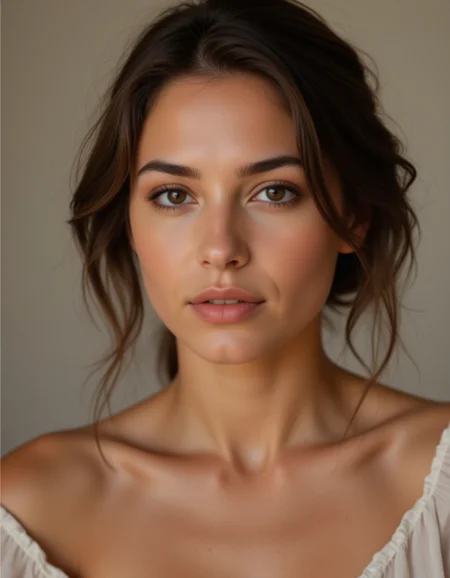 Portrait of a woman in a studio with neutral background, focusing on her eyes and facial expression. The lighting is soft, highlighting her natural beauty and creating an intimate, realistic effect.