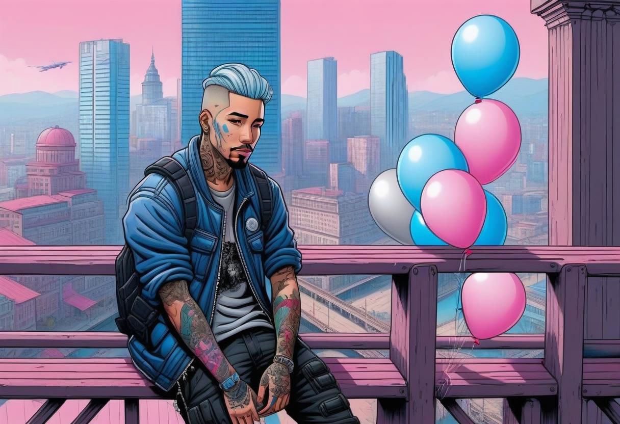 anime, a man with tattoos on his face rested on the railing of a bridge, city day, holiday, pink and blue balloons, a bridge with wooden columns and arches, a wooden floor ,(((light silver hair))), 
a couple of large buildings, pink background, day, tall buildings, cyberpunk, cyberpunk art, retrofuturism<lora:Cyberpunk _Anime_sdxl:1.0>, vfx environment, ambient occlusion, highlights, corect eyes, black jacket with bedding,(((high - rise buildings)))