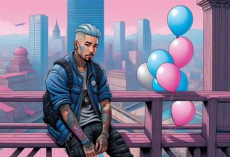 anime, a man with tattoos on his face rested on the railing of a bridge, city day, holiday, pink and blue balloons, a bridge with wooden columns and arches, a wooden floor ,(((light silver hair))),
a couple of large buildings, pink background, day, tall buildings, cyberpunk, cyberpunk art, retrofuturism<lora:Cyberpunk _Anime_sdxl:1.0>, vfx environment, ambient occlusion, highlights, corect eyes, black jacket with bedding,(((high - rise buildings)))