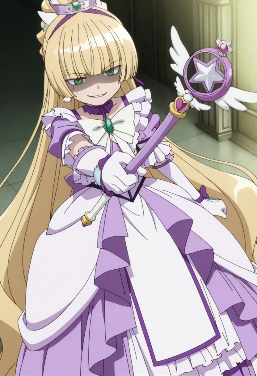 masterpiece, best quality, anime_screencap, official style, 1girl, victoria,green eyes,very long hair,blonde hair,black frilled dress, magical girl outfit, magical girl, wand, smirk, shaded face, sweating
