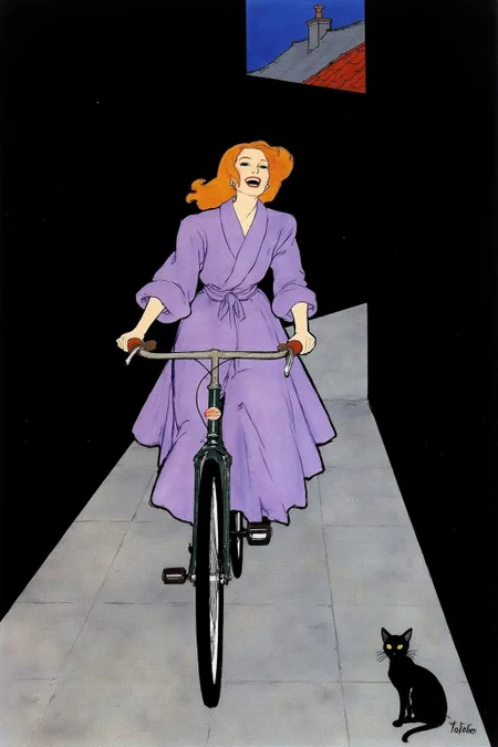regr1 sketch
A Japanese school girl riding a old style bicycle through a narrow, quiet street at night. The happy woman wears a simple, flowing purple dress. In the corner, a small black cat with piercing eyes sits watching her quietly. The mood is tranquil and slightly magical. <lora:regr1_fashion_nocap_d6a3:1.0><lora:807313999206143129:0>