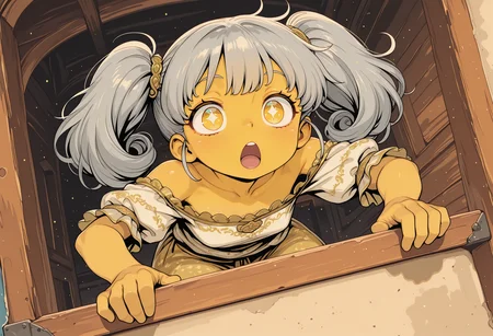 masterpiece,best quality,amazing quality,absurdres, (solo:1.4), outlines, flat colors, high contrast, vibrant, dramatic lighting, harsh shadows, light particles, colorful, retro, 
1girl, manic, high twintails,  curly bangs,  star-shaped pupils, vibrant Gray hair, (vibrant Yellow  skin, colored skin:1.1),          young girl,           
  balanced on ledge, dynamic angle,   close up,    open mouth, 
canvas off-shoulder dress, embroidered short low-rise }arabian pants,   
interior, 
<lora:feet_anime_il_v3:1> <lora:Perfect Hands:1> <lora:DetailerILv2:1> Jeddtl02 <lora:S4bit4mago:0.6> S4bit4mago_illu, <lora:anime_screencap-IllustriousV2:0.3> <lora:[ALICESOFT] Rance 03 Leazas Kanraku GameCG Style Illustrious:0.8> rance03leazaskanrakuil <lora:ck-shadow-circuit-IL:0.3> in the style of cksc <lora:flat_color_anime_xl:0.3> fca style <lora:SweetCreamCake_IL:0.3> <lora:Beatrix_Potter_Style_illustrious:0.2> Bpstyle <lora:unfazed mixed gothic IL v2.0:0.3>
