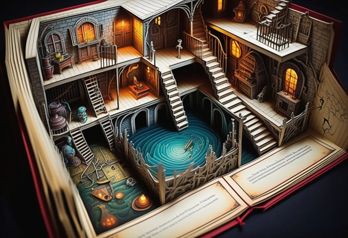 Pop-up book (basement in a haunted house)Underground labyrinth sewer, stairsLegendDarkFantasy