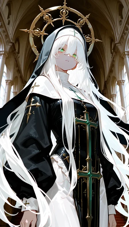 (masterpiece, best quality), amazing quality, very aesthetic, absurdres, highres, newest, photo-referenced, photo background, high contrast, intricate details, detailed background, dak depth, low kye,
1girl, solo, green eyes, white hair, between hair, very long hair, long hair, bung, hair over eyes, scarves, open eyes, white eyelashes, (drooping eyes), close-up, upper body, BREAK, low angle, nun, goddess, gothic, Gorgeous costume, intricate costumes, religious iconography, coif, cowboy shot, full body, standing, high angle, expressionless, (An enchanting delight) <lora:748cmSDXL:0.6>, <lora:薄塗り:0.45>, <lora:ponyv5_noobV065S_1:0.7>, <lora:spo_sdxl_10ep_4k:0.6>, <lora:GBF_Illustrious:0.4>, <lora:MeMaXL4:0.4>
