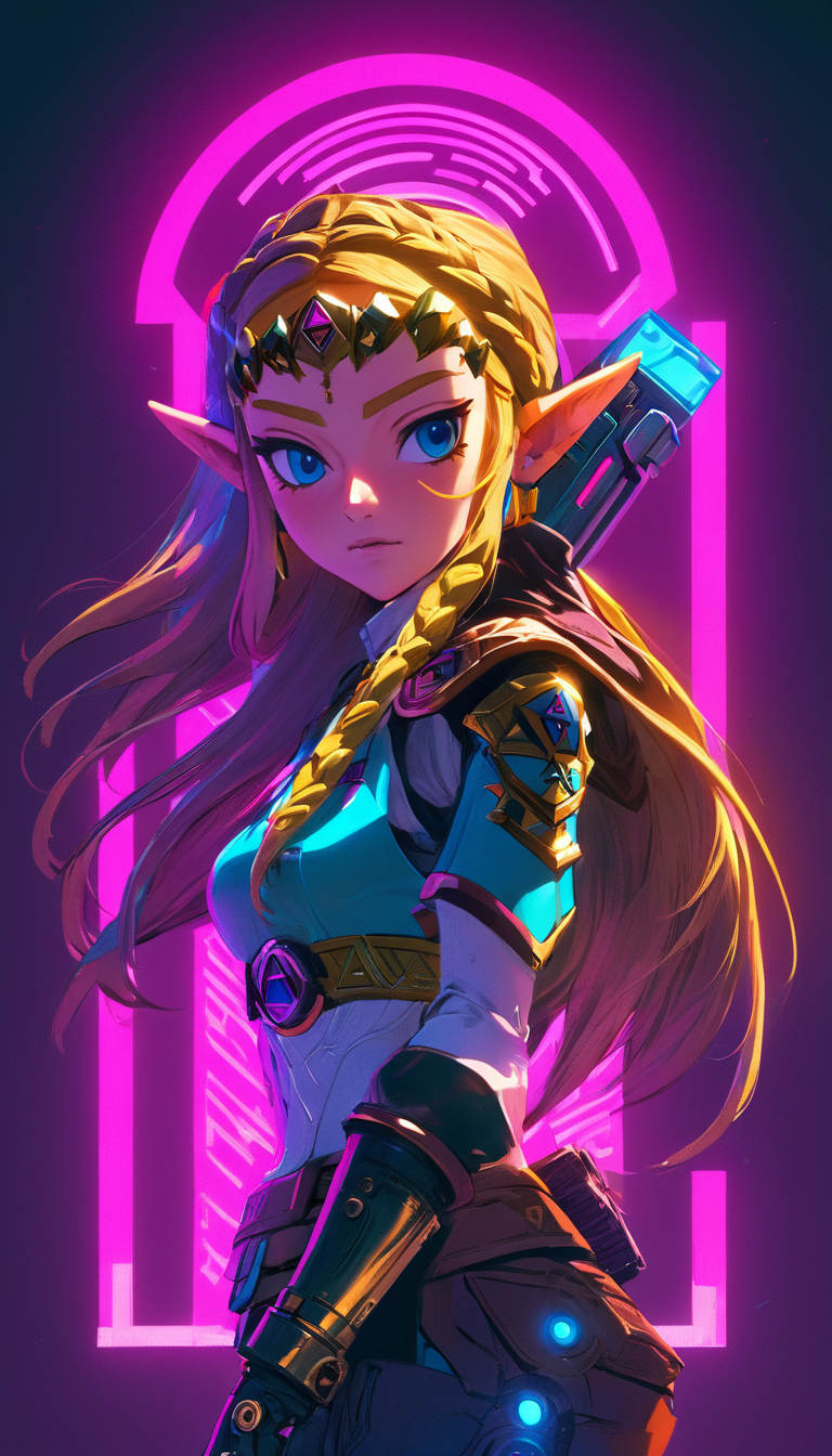 Zelda, (reimagined in a cyberpunk universe), (cyberpunk style), (cyberpunk), (cyberpunk outfit),  (punk hair), augmentation, cybernetics, glowing neon lights, cinematic scene, hero view, action pose, masterpiece, best quality, high quality, absurdres, vivid <lora:princess_zelda_v0.0.2:1>, detailed skin texture, (blush:0.5), (goosebumps:0.5), subsurface scattering
