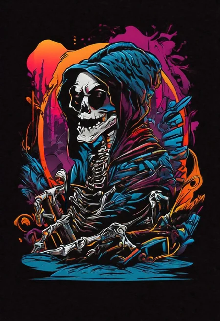 a detailed, cool, trendy, minimalistic voodoo punk skeleton kicking open a coffin and step out into the graveyard, for a t-shirt design, black background, vibrant colors, pretty, fine detail, clear professional, quality, aesthetic, glowing, dramatic light, beautifully scenic, rich deep vivid color, striking, epic, cinematic, symmetry, highly enhanced, complex, dynamic composition, creative <lora:wildlife-sdxl:1> t-shirt_design