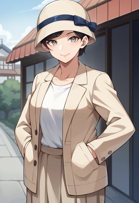 score_9, score_8_up, score_7_up, source_anime BREAK 1girl, solo,  <lora:zs_TaeXL:1> taedsrk, black hair, bob cut, grey eyes, beige hat, beige jacket, white shirt, beige skirt, smile, japanese town, hands in pockets, office