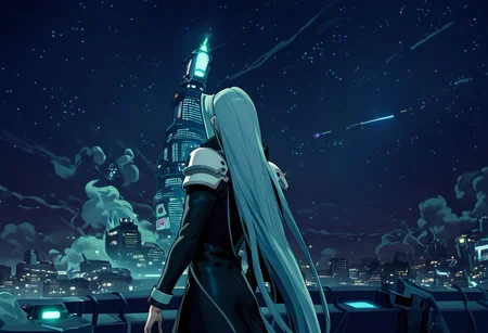 score_9, score_8_up, score_7_up, asymmetrical composition, vaporwave, Lofi, Sephiroth looking board slumped on a stoop overlooking ShinRa tower, shinra_hq, shoulder armor, ShinRa headquarters, night, city, smoke, fog, smog, smoke stacks,, exaggerated perspective emphasizing action, Sephiroth fighting swinging very long sword, long billowing black leather overcoat, pitch black starry sky, solo, beautiful, androgynous, flat chest, leather straps, broad shouldered, high contrast, industrial cityscape background, Netflix, Studio Trigger, ff7, neolight,