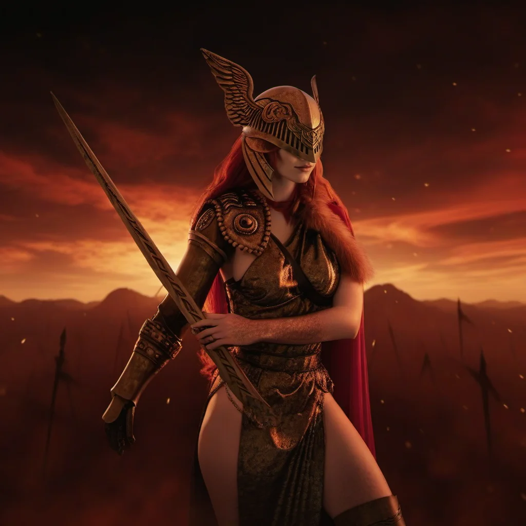 cinematic photo a woman with red hair, winged helmet, sword <lora:Malenia1024:0.8> . 35mm photograph, film, bokeh, professional, 4k, highly detailed