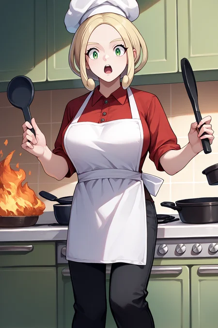 score_9, score_8_up, score_7_up, score_6_up, source_anime, 1girl, solo,  <lora:pkmnviola-pdxl-nvwls-v1-000004:1> defvla, blonde hair, green eyes, parted bangs, short hair, large breasts, apron, chef's hat, red shirt, black pants, kitchen, stove, fire in frying pan, surprised, open mouth
