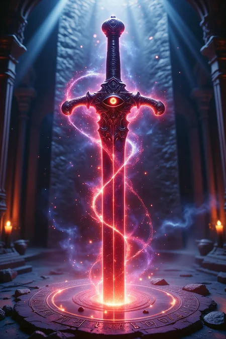 An upward, low-angle view from the ground focuses on a divine sword embedded in a stone altar. The sword's hilt and crossguard are intricately carved with delicate patterns, exuding craftsmanship and ancient elegance. Embedded in the swordâs hilt is a red, malevolent eye that glows ominously, contrasting sharply with the surrounding holy light. Along the blade, mystical runes glisten faintly, radiating an aura of immense power. The stone altar beneath is inscribed with glowing, mysterious symbols, casting a soft light across the scene.
Swirling bands of red and purple magical energy surround the sword, mixed with ancient sealing runes that bind the weaponâs potent, dark energy. The sinister red eye pulses in sync with the magical forces, adding an eerie sense of life. Behind the altar stands a towering monolithic rune-engraved stone slab, further accentuating the mystical and ritualistic atmosphere.
In the background, divine rays of holy light beam down from above, creating a radiant halo around the sword and altar, amplifying the sword's otherworldly and ominous glow. Particles of glowing dust float in the air, shimmering in the holy light. The entire scene is rendered in ultra-high detail, showcasing the smooth textures of the swordâs metal, the rugged stonework of the altar, and the glowing magical energy. Every element is highly contrasted and vibrant, blending holy and sinister energies, with meticulous attention to texture and lighting, creating a surreal, hyper-realistic atmosphere.
<lora:Aura_Flux:0.5>
<lora:Dever_Flux_Enhancer:0.5>
<lora:detailed_flux_ntc:0.75>