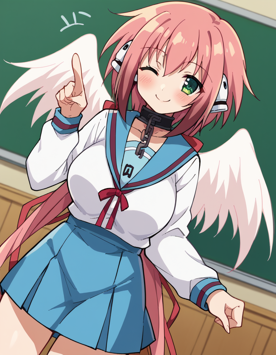 score_9, score_8_up, score_7_up, source_anime, <lora:ikaros-s2-ponyxl-lora-nochekaiser:1>, ikaros, long hair, bangs, large breasts, twintails, very long hair, green eyes, hair ribbon, pink hair, angel wings, robot ears, collar, chain,, <lora:haruhi-suzumiya-cosplay-ponyxl-lora-nochekaiser:1>, haruhisuzumiyacosplay, suzumiya haruhi (cosplay), skirt, long sleeves, school uniform, serafuku, sailor collar, blue skirt, blue sailor collar, winter uniform, kita high school uniform,, classroom, one eye closed, pointing at viewer, smile, blush, , dutch angle, cowboy shot