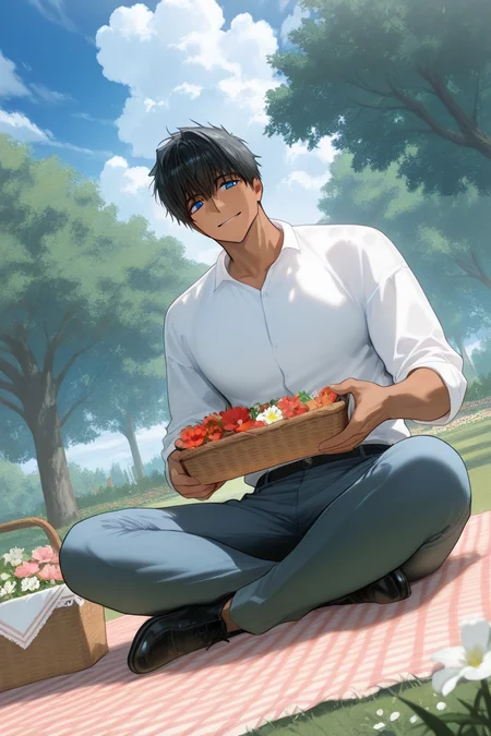 expressive happy face, 1boy, NorraVon, black hair, blue eyes, tan skin, looking at viewer, closed smile, shiny skin, holding picnic basket, flowers in picnic basket, white flower, green flower, pink flower, blue flower, red flower, shirt, pants, day outdoors park, sitting on picnic blanket, indian style, grass, cloudy sky, surreal, symbolic background, shadow, foreshortening, dutch angle, dynamic angle, dynamic action, intricately detailed, depth of field, atmospheric perspective, masterpiece, best quality, amazing quality, very aesthetic, absurdres, newest,