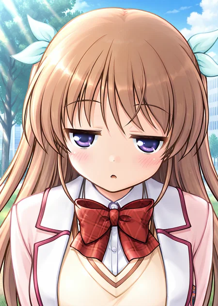 masterpiece, best quality, very aesthetic, absurdres, official art, official style, general, censored BREAK,
<lora:shirasakitsugumi_IL_v1-1:0.7>, shirasaki tsugumi, 1girl, solo, purple eyes, blue eyes, light brown hair, long hair, two side up, hair ribbon, white ribbon, light green ribbon, medium breasts, school uniform, blazer, pink jacket, open jacket, button, pocket, red bowtie, plaid bowtie, white shirt, collared shirt, yellow sweater vest, long sleeves, outdoors, day, blue sky, tree, cloud, building, city, grass, portrait, close-up,
blush, half-closed eyes, jitome, looking at viewer, open mouth, parted lips