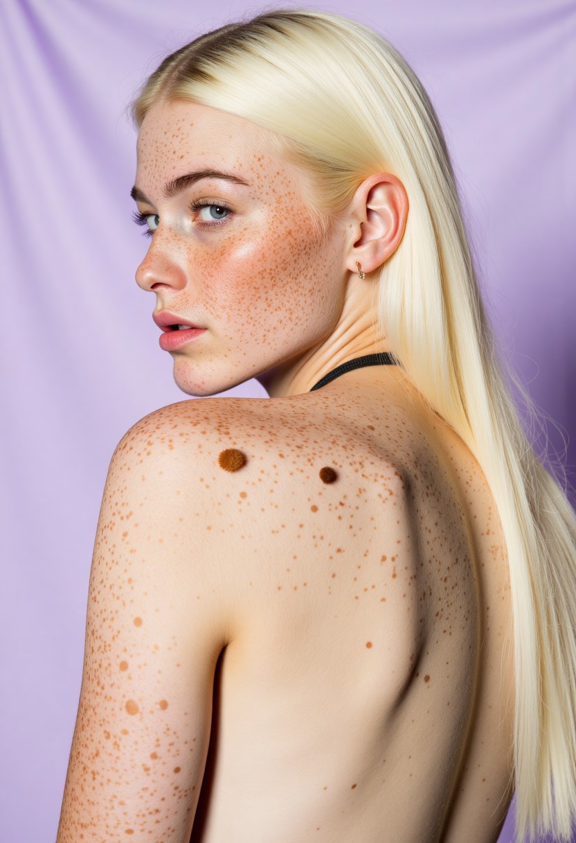 A photograph of a young woman with an abundance of raw freckles across her upper shoulder and neck, set against a soft, light purple backdrop. Her skin is fair with a healthy complexion, dotted with countless freckles and two small brown moles on her shoulder and just below it; she wears a delicate, barely-there micro top. Long, straight platinum blonde hair cascades out of frame on the right, creating a gentle visual contrast to the skin's texture. Soft, diffused studio lighting highlights the freckled skin and creates a clean, minimalist aesthetic, drawing full attention to her unique beauty. Freckled_Hot_Babe