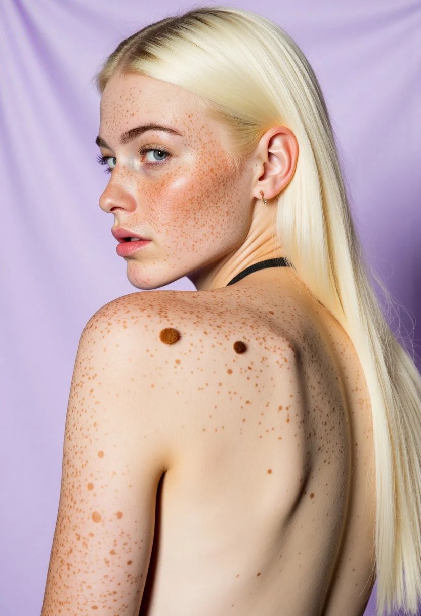 A photograph of a young woman with an abundance of raw freckles across her upper shoulder and neck, set against a soft, light purple backdrop. Her skin is fair with a healthy complexion, dotted with countless freckles and two small brown moles on her shoulder and just below it; she wears a delicate, barely-there micro top. Long, straight platinum blonde hair cascades out of frame on the right, creating a gentle visual contrast to the skin's texture. Soft, diffused studio lighting highlights the freckled skin and creates a clean, minimalist aesthetic, drawing full attention to her unique beauty. Freckled_Hot_Babe