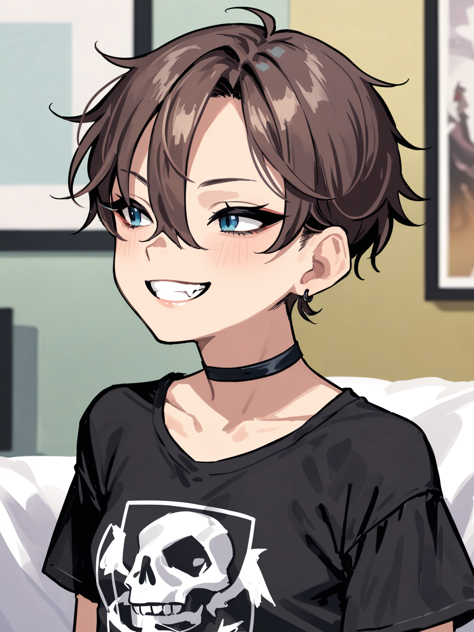 <lora:happy_tentacle-netsureina-v0.1:0.9>, ht_netsureina, earrings, choker, small breasts, blue eyes, brown hair , smile, , indoors, goth fashion, black clothes, eyeliner, layered clothes, choker cowboy shot, 1girl, (petite:1.2), solo focus, (looking away:1.1), , (depth of field:0.8), , score_9, score_8_up, score_7_up, score_6_up, score_5_up, score_4_up