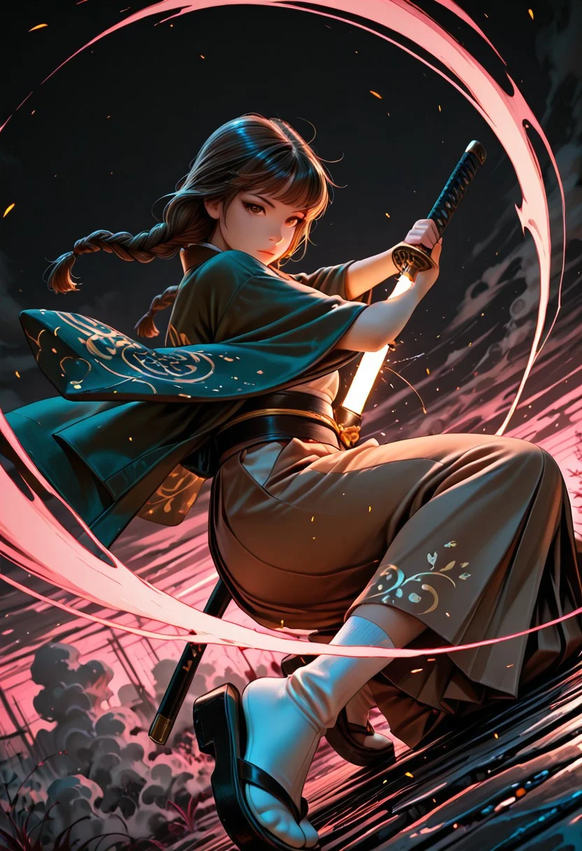 SmoothNoob_Quality, dynamic composition, 1girl, hand on katana, unsheathing, kimono, dark green kimono, Haori, reddish brown haori, Obi, sash, brown Hakama, long white socks, sandals, solo, brown hair, curly shoulder-length brown hair, front twin braids, looking at viewer, bangs, greyish-brown eyes, long hair, closed mouth, embers, black background, boots, dynamic pose, dutch angle,foreshortening, twilight, glowing, ink background, abstract background, bright colors, dark, pink theme, gray smoke, neon trim,