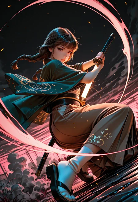 SmoothNoob_Quality, dynamic composition, 1girl, hand on katana, unsheathing, kimono, dark green kimono, Haori, reddish brown haori, Obi, sash, brown Hakama, long white socks, sandals, solo, brown hair, curly shoulder-length brown hair, front twin braids, looking at viewer, bangs, greyish-brown eyes, long hair, closed mouth, embers, black background, boots, dynamic pose, dutch angle,foreshortening, twilight, glowing, ink background, abstract background, bright colors, dark, pink theme, gray smoke, neon trim,
