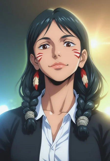 score_9, score_8_up, score_7_up, source_anime, intricate details, anime screencap, perfect balance, official art, extremely detailed CG unity 8k wallpaper, perfect lighting, Colorful, Warm_Front_face_Lighting, (masterpiece:1.0),(best_quality:1.0), ultra high res,4K,ultra-detailed, photography, 8K, HDR, highres, absurdres:1.2, Kodak portra 400, blurry background, bokeh, lens flare, (Anime) (vibrant_color:1.2), professional photograph, night, (cute_face:1.2), 2d, anime, upper body, intricate iris, American, Professional character design, 1girl, female focus, (Brown eyes), perfect eyes, (black-hair), Native American, Indigenous, American Indian, youthful, solo, jujutsu_kaisen_style, character portrait, (perfect-lighting), face, young, (Dark-black-hair), Long hair, (Native American), Indigenous, American Indian, (((wild eyes))), (Native North American), (Upturned eyes), (high cheekbones), (strong jawline), (Black Hair), ((((Native-American-Eagle-feather-braids, Native American Eagle feather accessories)))), (Black Cowboy Jacket), (((wild eyes))) ((Bobbed Bangs)) (((Slanted-Eyes))) (Psycho) (Happy) (Friendly) (Goofy) (Dark Black Jacket) (White Dress Shirt), (Warpaint), (Redwood Forest, Pacific Northwest Forests), (Inuit), (Tan skin), (Dark Skin), (Brown skin), (bobbed hair), White Eagle-Feather-Earrings, Thick Bangs, Bobbed hair, Bob-cut, White-Feather-Earrings, Brown-skin, Inuit Face-paint, Full-Bangs, Wide-Bangs, Thick-Hair, Native Face-paint