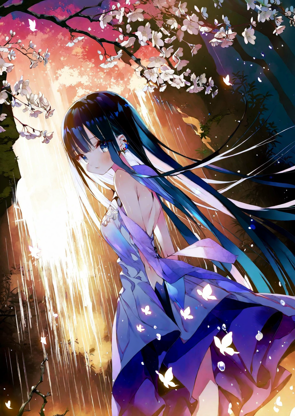 by umaiyo puyoman , by wanke, by ajimita,
  1girl  
extremely beautiful detailed piercing eyes,
a girl immersed in a magical garden at twilight. She stands beside a luminous waterfall, cherry blossoms gently falling around her. The soft glow of fireflies and the distant twinkle of stars add an enchanting ambiance to this serene and otherworldly scene
 masterpiece, best quality, high quality, highres, absurdres, very detailed, high resolution, sharp, sharp image, 8k, vivid, colorful, stunning, anime