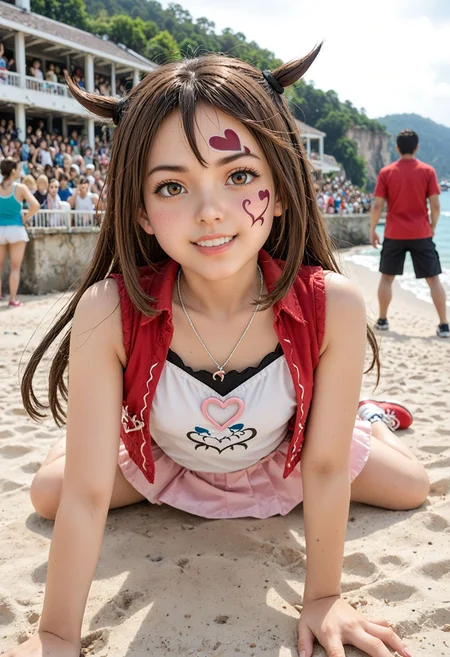 <lora:Hyper-SDXL-8steps-lora:1> <lora:Fixhands_anime_bdsqlsz_V1:1> zPDXL2, score_9, score_8_up, score_7_up, source_anime, intricate details, perfect anatomy BREAK
outdoors, beach, ocean, audience, crowd, on stomach, from below, Teasing, A playful smirk, a raised eyebrow, and a hint of dominance., dynamic angle,
1girl, solo, solo focus,
<lora:MK-kagamitina_XL(pony)v10:1> mk-kagamitina, brown hair, long hair, two side up, brown eyes, facial tattoo, heart necklace, white shirt, red jaket, pink skirt, red shoes,