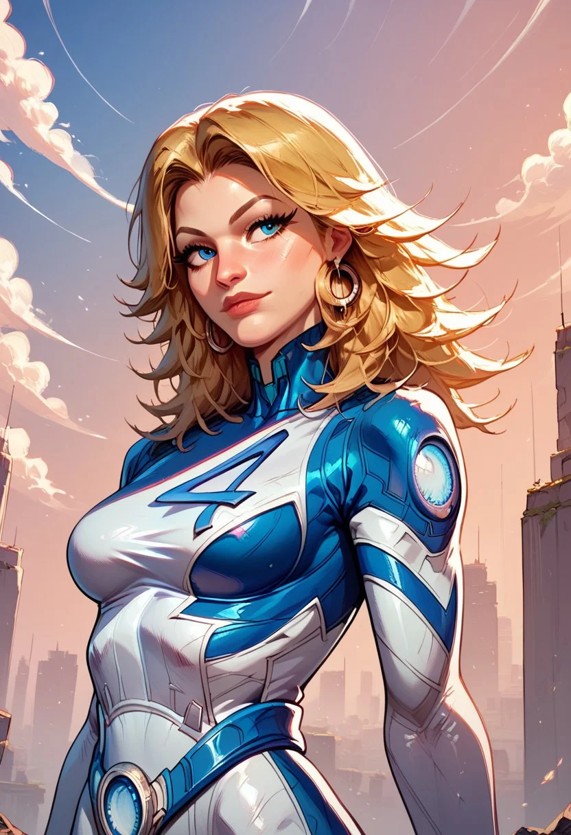 score_9, score_8_up, beautiful face, masterpiece, best quality, newest, absurdres, highres, 1girl, SueStormBaseSkinV1.1, blonde hair, blue eyes, bodysuit, white bodysuit, "4"print on bodysuit,