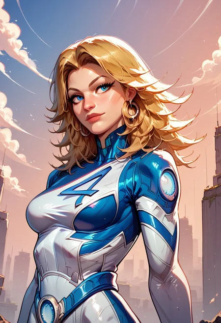score_9, score_8_up, beautiful face, masterpiece, best quality, newest, absurdres, highres, 1girl, SueStormBaseSkinV1.1, blonde hair, blue eyes, bodysuit, white bodysuit, "4"print on bodysuit,