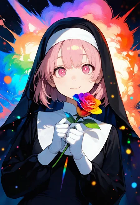 masterpiece, best quality, amazing quality, very aesthetic, absurdres,
1girl, young, black nun outfit, pink hair, pink eyes, sliced bob
,magic circles, sweet expression, looks at the flower, close-up of face, face in shadow, body in shadow, dark setting, beautiful black dress, gloves on her hands, thin lips, narrow mouth, cat's smile, solo upper body, angle from above, Dutch angle, hand near the face, holding a flower, rose, rainbow, crystal, fragile, transparent, luminous, magical rose, very beautiful, bright, multicolored, bright magical particles, smoke, fog, multicolored, small, colorful, explosion of colors, soft light, vibrant colors, multicolored rainbow light, focus on face, lots of soft light and colorful particles, colorful, masterpiece, best quality, amazing quality, very aesthetic, absurdres, newest, soft light, explosion of colors, masterpiece, best quality, colorful, bright, multicolored, bright colors of paint, masterpiece, best quality, amazing quality, very aesthetic, absurdres, lots of multicolored rainbow light, focus on the face, lots of soft light, soft colors, lots of colorful particles, dark, hard to see,