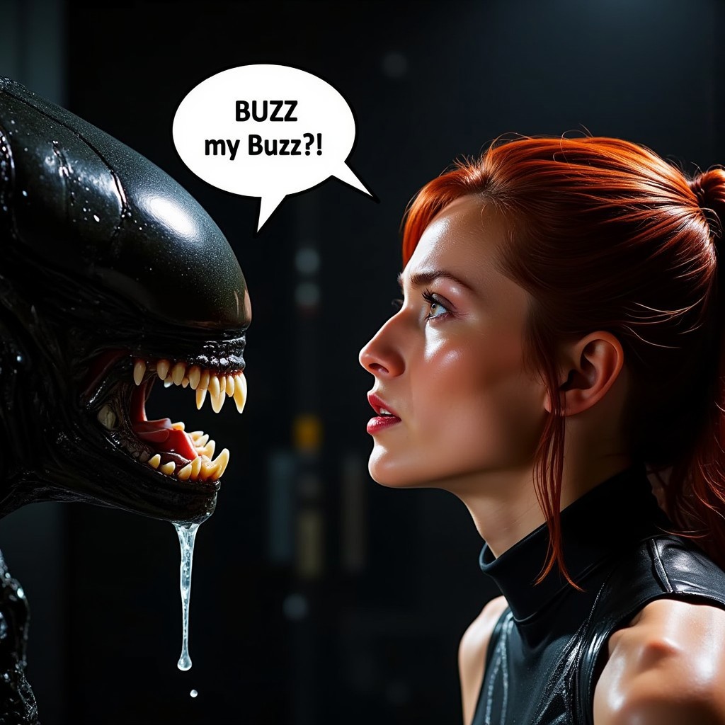The words "BUZZ Please" is written in a speech bubble coming from the xenomorph, the creatures mouth in medium sized font as it leans in close to her with its double mouths. A close-up of a tense moment where the alien creature (a "Xenomorph") is extremely close to the face of Ellen Ripley (she is a natural redhead and looks Chung-li ). The aliens' head is partially visible on the left, with its mouth open and drool dripping from its teeth, which are sharp and menacing. Ripley's face is on the right, Her eyes and mouth are shut she appears fearful. The close proximity of the alien to Ripley creates a moment of intense suspense, which is iconic in the Alien movie franchise. We see them both from the waist up. The lighting is low, highlighting the shiny, wet texture of the alien's skin and the moisture on Ripley’s face, adding to the visceral tension of the scene. Ripley is busty. Speech bubble (Text: "Where's my Buzz?!"), shouting, screaming, high def, best quality, cinematic