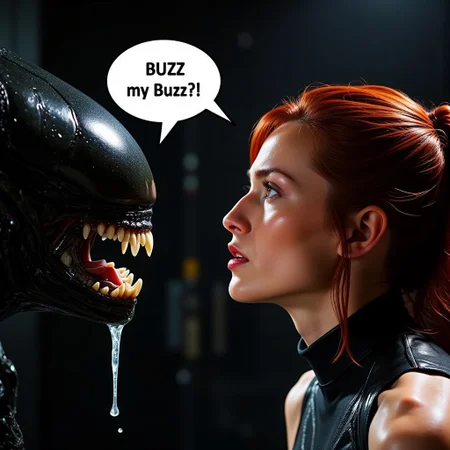 The words "BUZZ Please" is written in a speech bubble coming from the xenomorph, the creatures mouth in medium sized font as it leans in close to her with its double mouths. A close-up of a tense moment where the alien creature (a "Xenomorph") is extremely close to the face of Ellen Ripley (she is a natural redhead and looks Chung-li ). The aliens' head is partially visible on the left, with its mouth open and drool dripping from its teeth, which are sharp and menacing. Ripley's face is on the right, Her eyes and mouth are shut she appears fearful. The close proximity of the alien to Ripley creates a moment of intense suspense, which is iconic in the Alien movie franchise. We see them both from the waist up. The lighting is low, highlighting the shiny, wet texture of the alien's skin and the moisture on Ripley’s face, adding to the visceral tension of the scene. Ripley is busty. Speech bubble (Text: "Where's my Buzz?!"), shouting, screaming, high def, best quality, cinematic