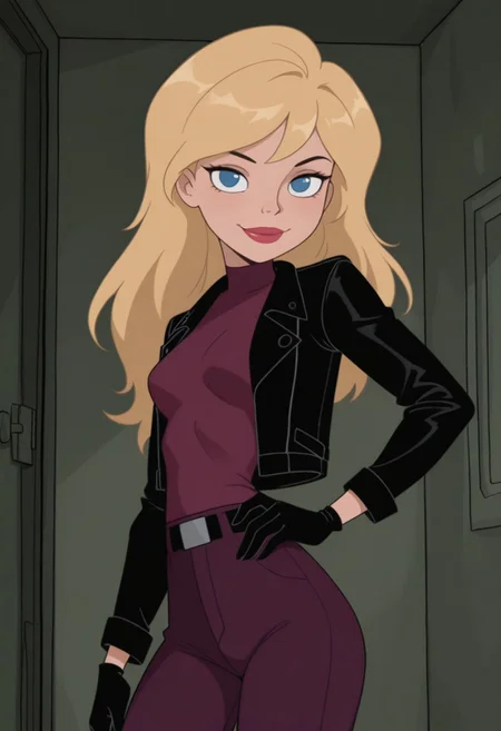 masterpiece, best quality, amazing quality, very aesthetic, absurdres, newest, 1girl, solo, indoors, looking at viewer, RS2SDXL, Human Female, Blue Eyes, Blonde Hair, Long Hair, Lips, Red Lips, Lips, Red Lips, Blue Eyes, Black Jacket, Purple Undershirt, Turtleneck, Black Gloves, Black Belt, Purple Pants, cowboy shot, hand on hip, smile