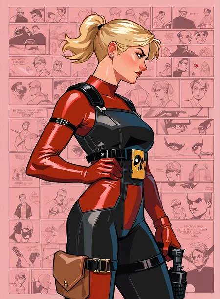 score_9, score_8_up, score_7_up, Lady Deadpool, blonde hair, red and black costume,high ponytail, hand on hip, 1girl, bullypxl, comic wallpaper, <lora:bullypxl:0.8>, light pink background, holding an uzi, tactical suit, loose belt,