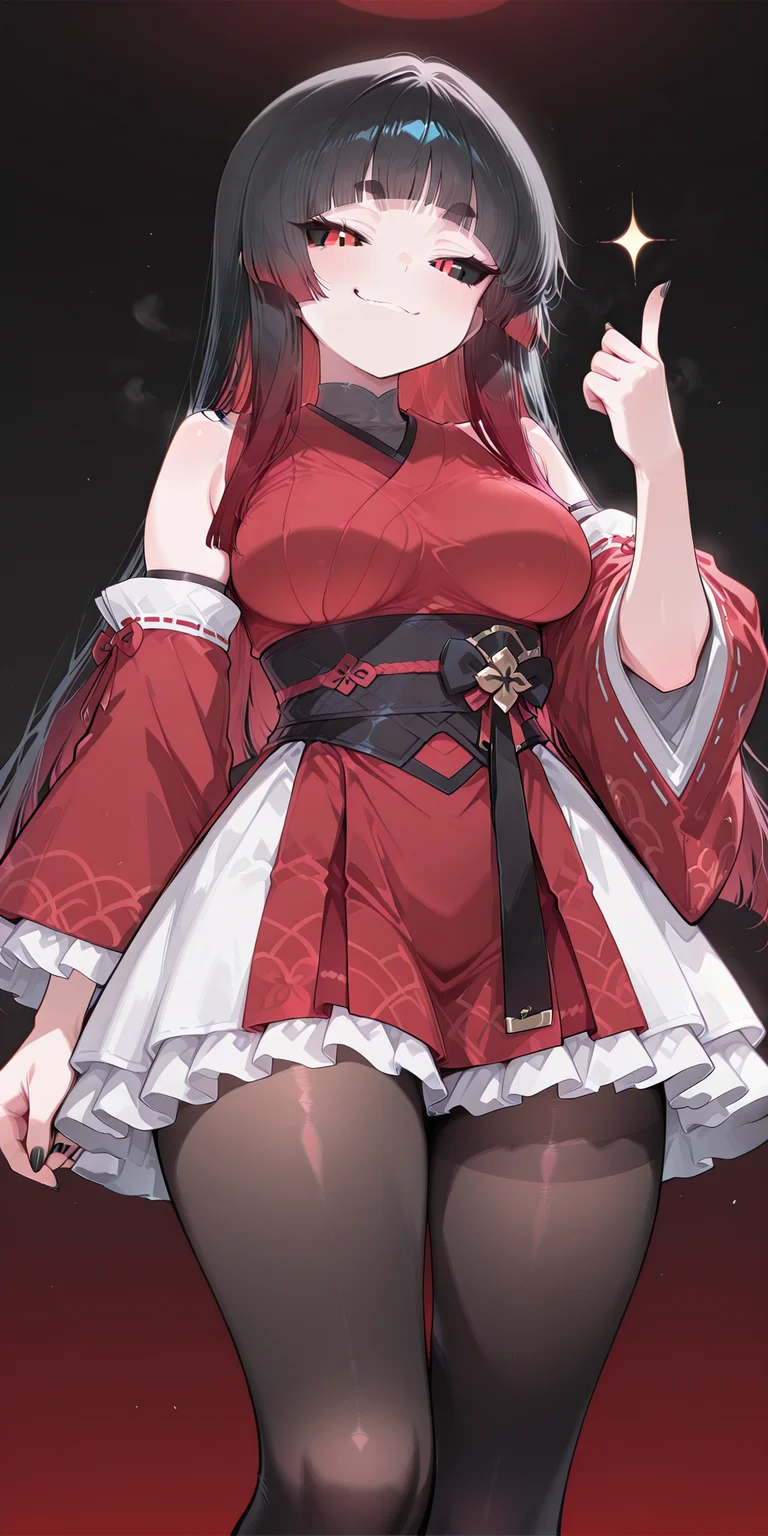 masterpiece, best quality, amazing quality, very aesthetic, absurdres, newest, scenery, 1girl, solo,  <lora:Meisha:1>,  black hair, red hair tips, long bangs, hime cut, black sclera, red eyes, split pupils, thick eyebrows, medium breasts, detached sleeves, japanese clothes, (oner bell on head:0.9), black pantyhose, white fills dress, red kimono, black frilled skirt, white frills in sleeves, <lora:Hinagiku_Midnight_Kimono_33_IL:0.8>, from below, pointing at you, black nails, smug, gradient background