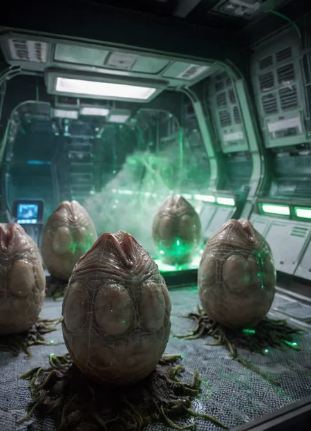 view of a gourp of hatched xenoeggs, horror theme, green light, space station interior, foggy ground, beautiful lit,
<lora:Xenomorph_Egg_SDXL:0.8> xenoegg