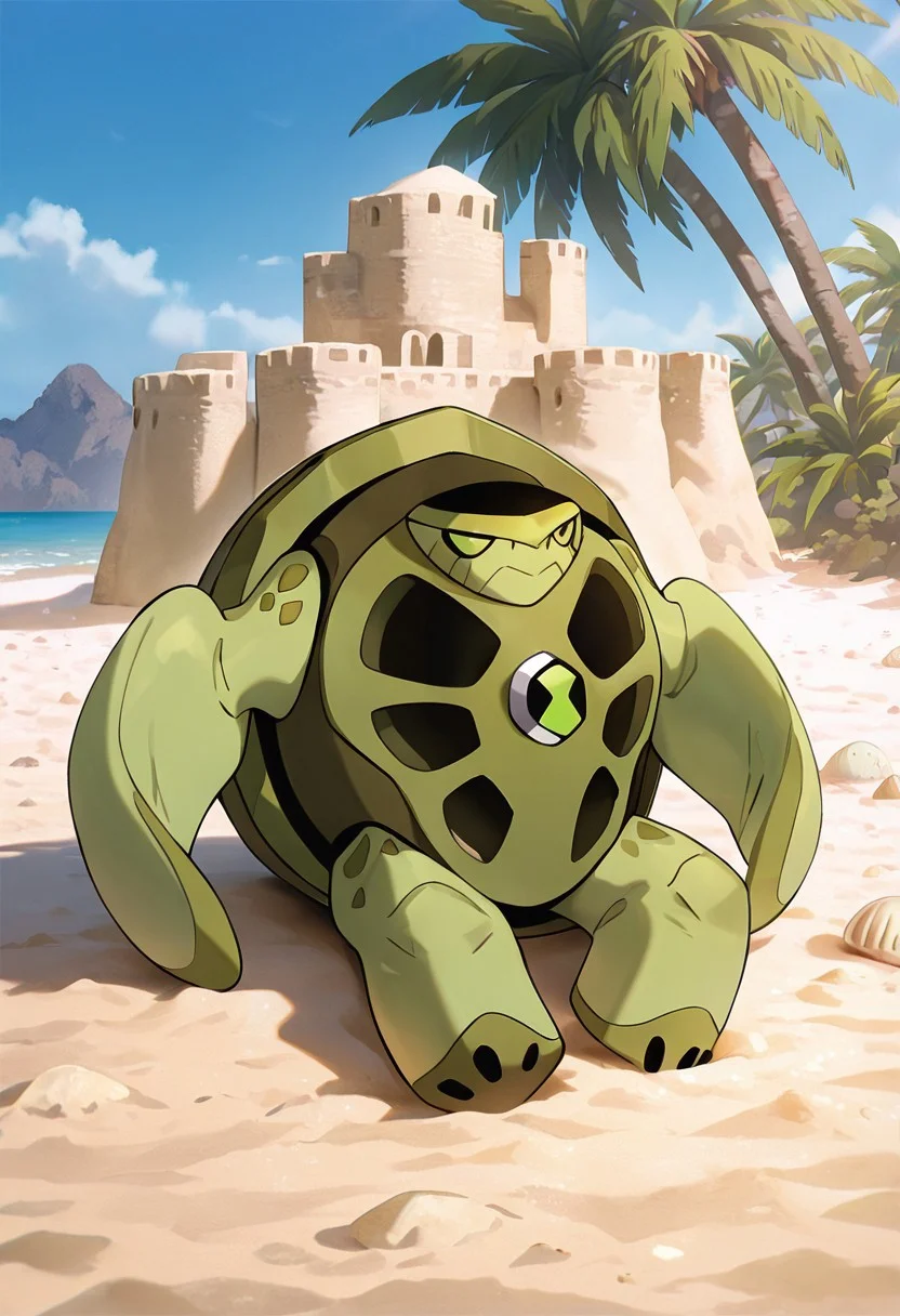masterpiece, best quality, amazing quality, very aesthetic, absurdres, newest,, detailed background,
terraspin, pokemon (creature), solo, no humans, closed mouth, green eyes, green skin, shell, turtle,
in the beach, short legs, sitting on sand, palm trees, sand castle, small head,