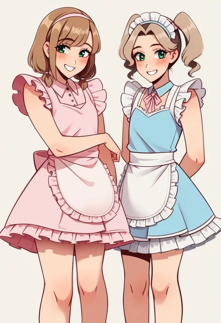 femboy, pink highlight, diaper, diaper under skirt, shoulder length hair, light brown hair, androgynous, blush, smile, adult, 22 years old, source_anime, pigtails, green eyes, only 1 boy, wearing dr3ss, satin maid outfit, poofy voluminous skirt, frills, apron, petticoat