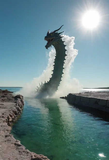 raw photo, lagoon, sea pathway, encounter with Leviathan, sea dragon bursting out of the sea, geyser, clear sky, pov, liminal space, cinematic palette