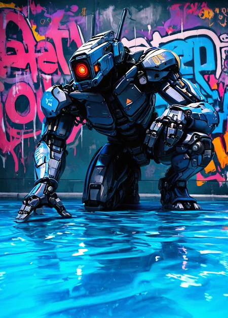 realistic,  
masterpiece, best quality, amazing quality, highres, absurdres, very aesthetic, very awa,expert shading, ultra detailed, UHD, 8K,
BREAK, realism,  
N3onSp3ctra, robot, science fiction, reflection, no humans, solo, mecha, red eyes, humanoid robot, water, combat robot, colorful graphics, graffiti, 3/4 shot, full body image, <lora:NeonSpectra:0.75>