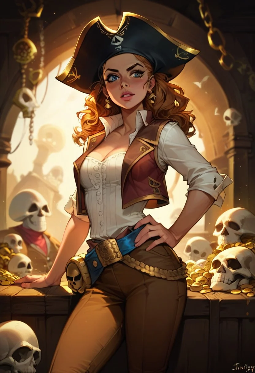 score_9, score_8_up, score_8_up, sexy woman, pirate, pirate hat, vest on bare body, brown pants, thick belt, skull island, sunny day, gold, treasure, highly detailed, dynamic lighting, depth of field, absurdres, best quality,