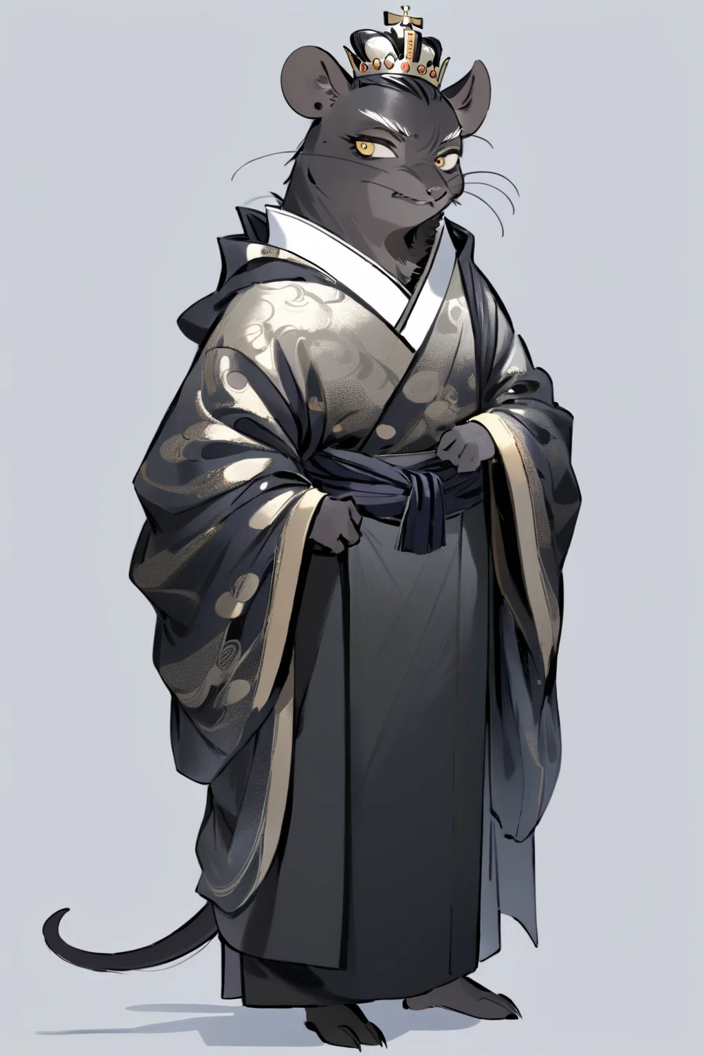 (((masterpiece))),(((best quality))),((ultra-detailed)), solo,ani,
A black rat crowned with a golden coronet, draped in a black brocade robe, its gaze sharp and alert, as if harboring secrets of ancient dynasties.
white background, full body,Role concept design, <lora:InkAni-000010:0.8>