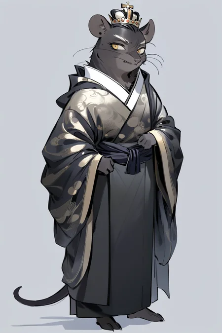 (((masterpiece))),(((best quality))),((ultra-detailed)), solo,ani,
A black rat crowned with a golden coronet, draped in a black brocade robe, its gaze sharp and alert, as if harboring secrets of ancient dynasties.
white background, full body,Role concept design, <lora:InkAni-000010:0.8>