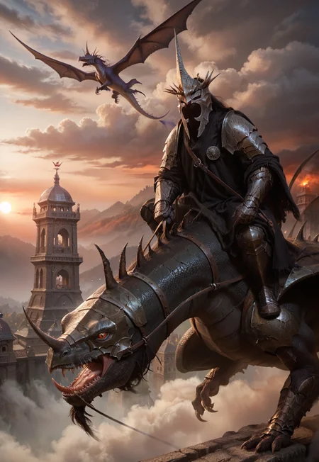 Score_9, score_8_up, score_7_up, Witch King,
sky, riding dragon, armored dragon, simple background, ancient towers, holding flail, nigh, flying, front view, armor, full armor, mist, helmet spikes, close-up, full body, shredded clothing