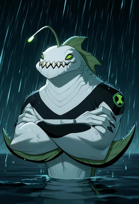 masterpiece, best quality, amazing quality, very aesthetic, absurdres, newest,,
ripjawsov, no humans, sharp teeth, teeth, colored skin, monster, pale skin, angler fish lure, green eyes, small eyes, , monster boy, claws, digimon (creature), fins, , square jaw
mad, half closed eyes, angry, crossed arms, half body, upper body, above water, raining, dark sky,