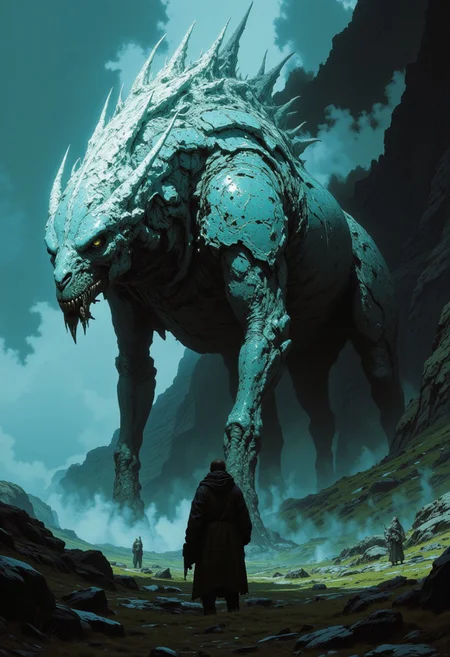 a digital, highly detailed, dark fantasy, painting of a massive, camel-like creature wandering in silence. the creature is primarily a pale blue with shades of turquoise and grey, giving it a cold, icy appearance. its body is heavily armored with numerous white chitin plates running down its back, neck, and along its limbs, adding to its intimidating look. the creatures underbelly is a darker shade of grey, contrasting with the lighter upper body. the creature's scales are textured, giving it a rough appearance. the creature wanders along a mountain landscape shrouded in mist and shadow. the sky above is overcast, with thick, dark clouds that cast a moody, eerie light over the scene. in the foreground, there is a desolate landscape of rocky terrain and sparse vegetation. the lighting is dramatic, with beams of light piercing through the mist, creating a stark contrast between the illuminated areas and the deep shadows. the color scheme is dominated by shades of gray, blue, and black, enhancing the mysterious and ominous atmosphere. eerie, mysterious, detailed textures, perilous, atmospheric, epic scale, ancient, CAICO