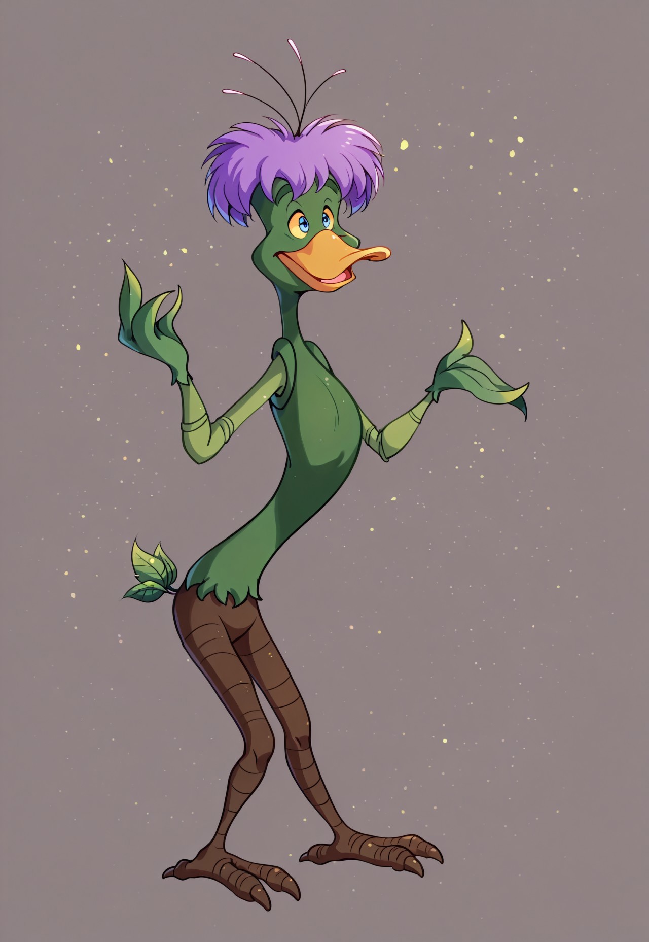 safe_pos, safe_pos, score_9, score_8_up, score_7_up, source_furry, Bushroot, no humans, 1 boy, solo, furry, anthro, duck, mutant, plant boy, blue eyes, yellow sclera, green skin, purple hair, short hair, three pollen stamps on head, three antennae, antennae, leaf hands, leaf fingers, leaf tail, root legs, root feet, three talons, , happy, smiling, upper body, dynamic perspective