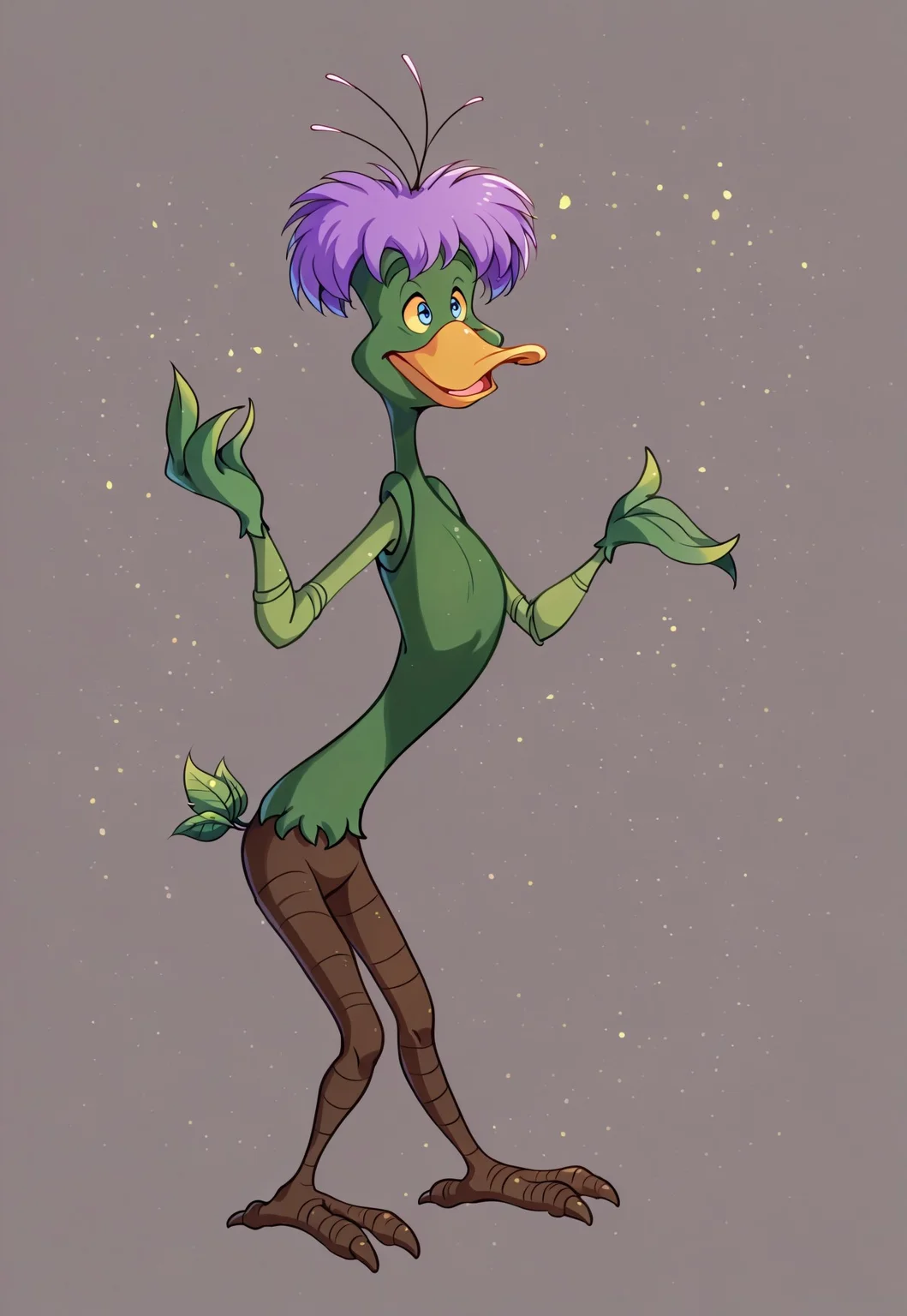 safe_pos, safe_pos, score_9, score_8_up, score_7_up, source_furry, Bushroot, no humans, 1 boy, solo, furry, anthro, duck, mutant, plant boy, blue eyes, yellow sclera, green skin, purple hair, short hair, three pollen stamps on head, three antennae, antennae, leaf hands, leaf fingers, leaf tail, root legs, root feet, three talons, , happy, smiling, upper body, dynamic perspective