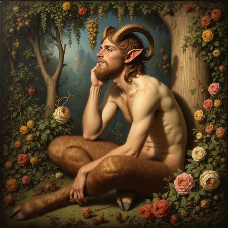A (Pre-Raphaelite painting:3.0) of a nude male faun, 20-year-old man with delicate features and piercing eyes, furry goat legs and goat hooves, posed in a contemplative mood, surrounded by sunlight, lush greenery, and symbolic flowers, evoking the artistic styles of Dante Gabriel Rossetti, Edward Burne-Jones, and John Everett Millais, with intricate details, rich colors, and a sense of mysticism, rendered in a dreamy, romanticized, and highly detailed manner, with an emphasis on texture, pattern, and atmospheric lighting, dappled with sunlight <lora:FaunFLUX:1>