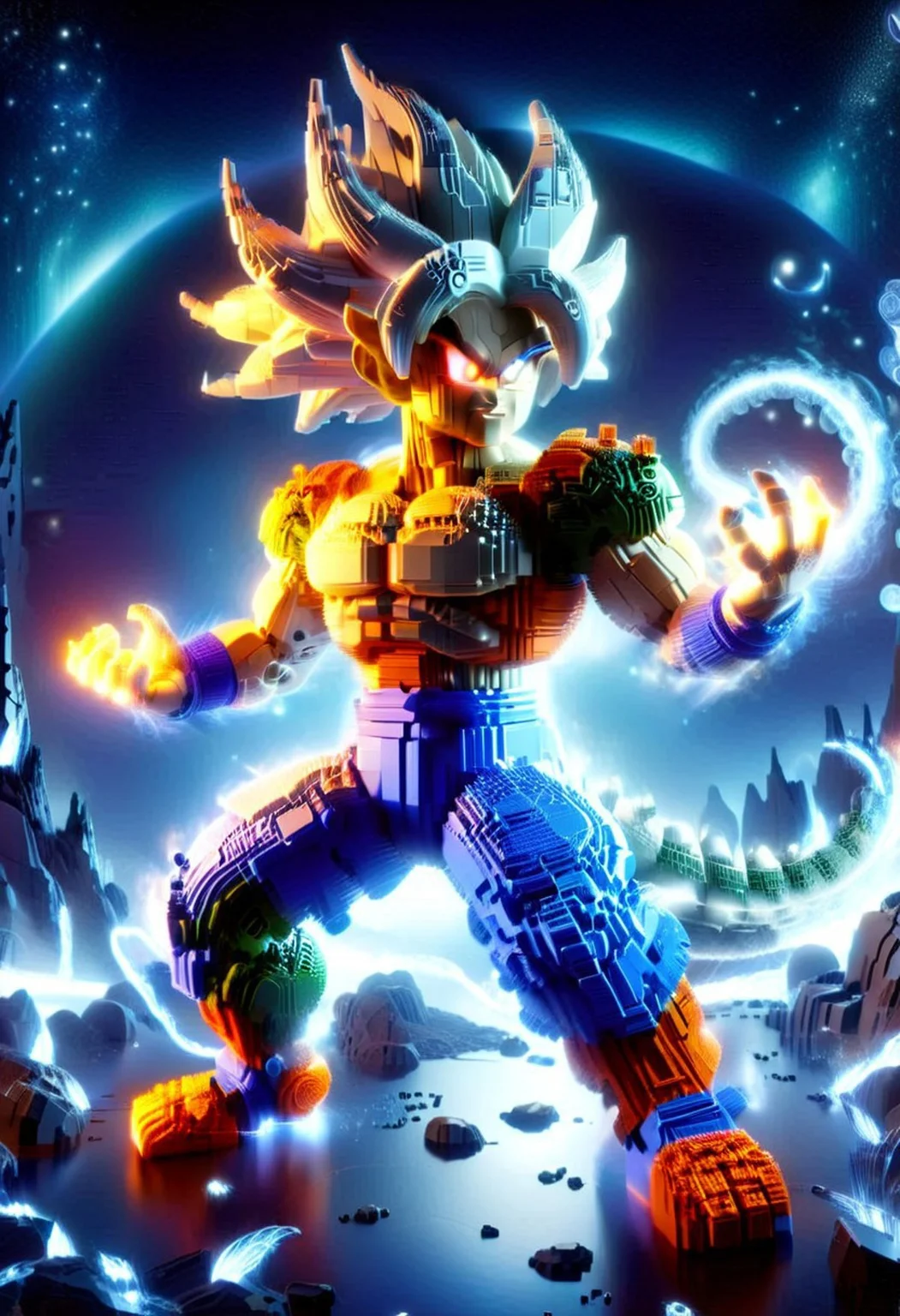 dragonball Z character, 64k, <lora:Expert_Lego_set_E17.safetensors:1>, cyberspace background