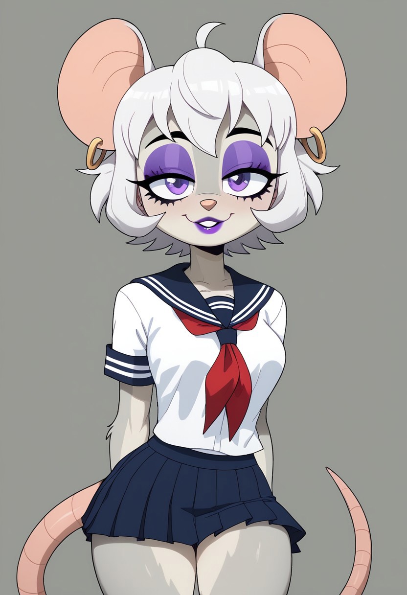 score_9, score_8_up, score_7_up,((best quality)), absurdres,  <lora:3d-2d:0.8>,   <lora:TheaStiltonPXL:0.8>,TheaStiltonPXL,tail, makeup, mouse tail,eyeshadow, mouse ears, light grey body fur, purple eyes, animal nose, furry female, animal ears, 
vanitaker
White hair,
Short hair
Earing studs in ear,
Purple lipstick
School uniform